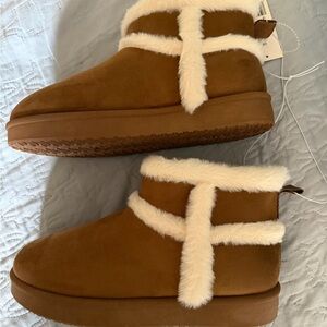 Chestnut Faux-Suede Shearling Trim Ankle Boots